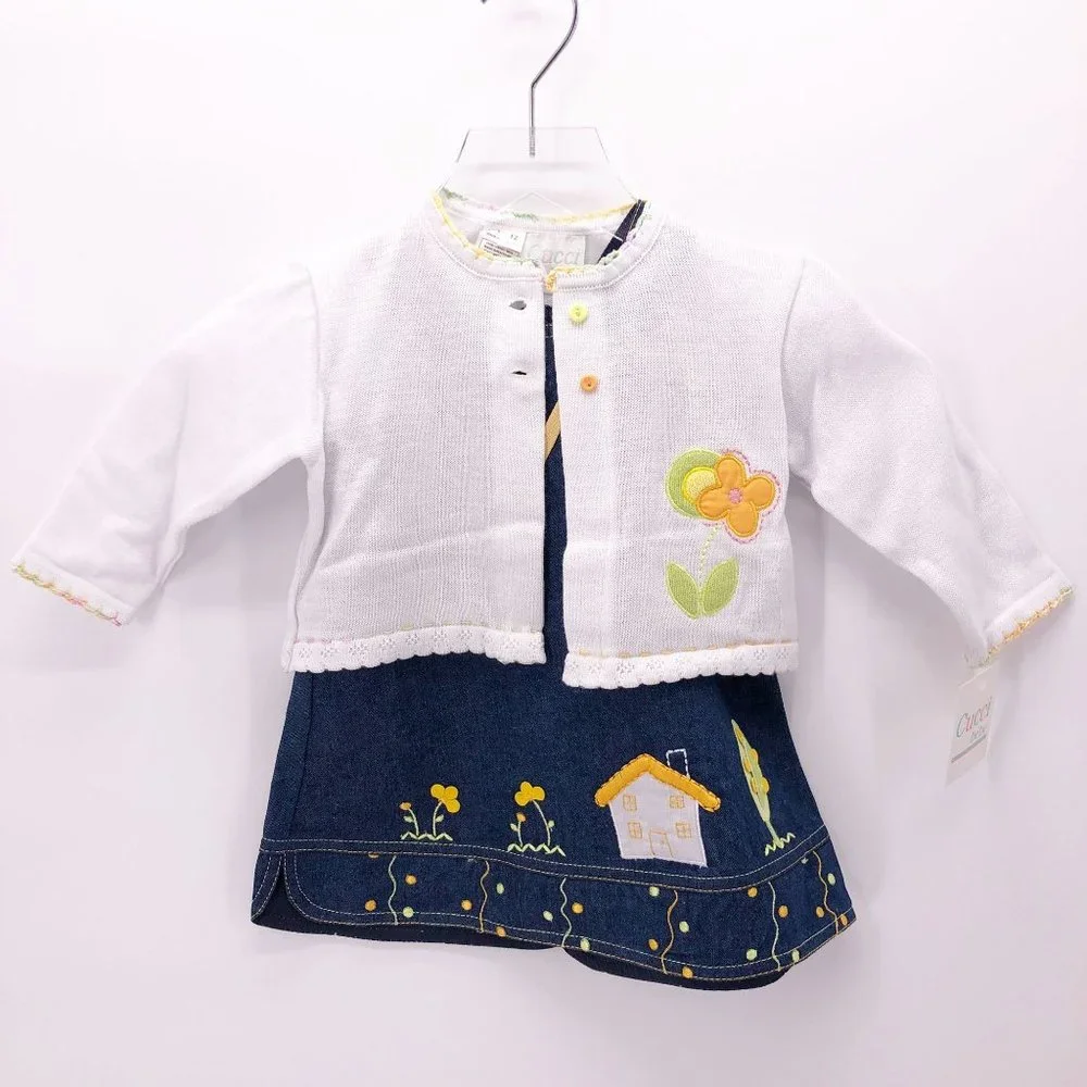 NWT 12 Mo Cucci Bebe Jumper‎ Overall Dress w Sweater Applique Embroidery Crochet